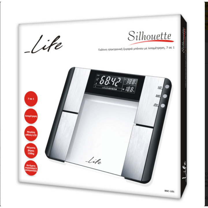 Γυάλινη ηλεκτρονική ζυγαριά μπάνιου με λιπομέτρηση, 7 σε 1 LIFE