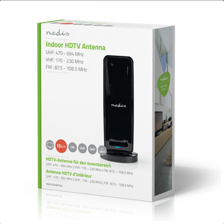 Εσωτερική κεραία HDTV, 26dB FM / VHF / UHF, με τεχνολογία προστασίας LTE/4G σε μαύρο χρώμα.