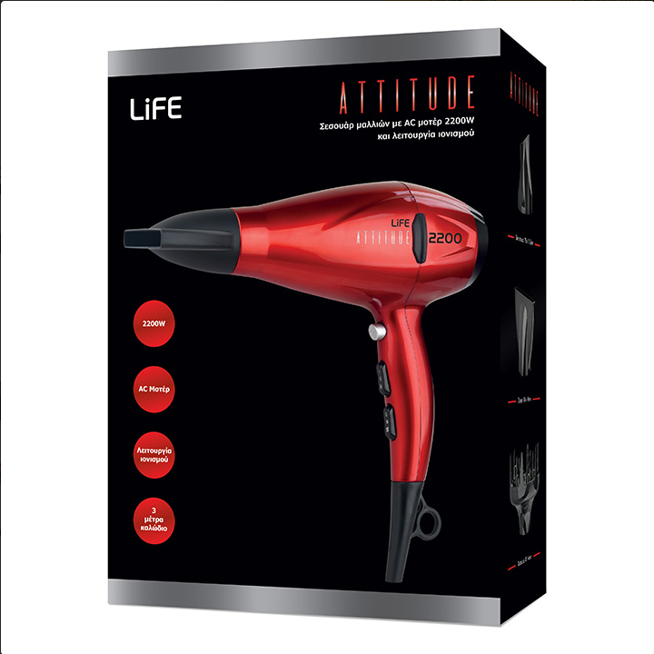 Σεσουάρ μαλλιών με AC μοτέρ 2200W και λειτουργία ιονισμού, σε κόκκινο χρώμα.