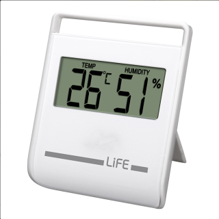 Ψηφιακό θερμόμετρο / υγρόμετρο εσωτερικού χώρου, σε λευκό χρώμα.