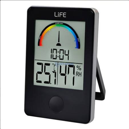 Ψηφιακό θερμόμετρο / υγρόμετρο εσωτερικού χώρου με ρολόι και έγχρωμη απεικόνιση επιπέδου υγρασίας, σε μαύρο χρώμα. LIFE iTemp...