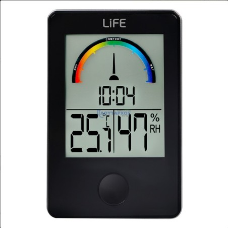 Ψηφιακό θερμόμετρο / υγρόμετρο εσωτερικού χώρου με ρολόι και έγχρωμη απεικόνιση επιπέδου υγρασίας, σε μαύρο χρώμα. LIFE iTemp...