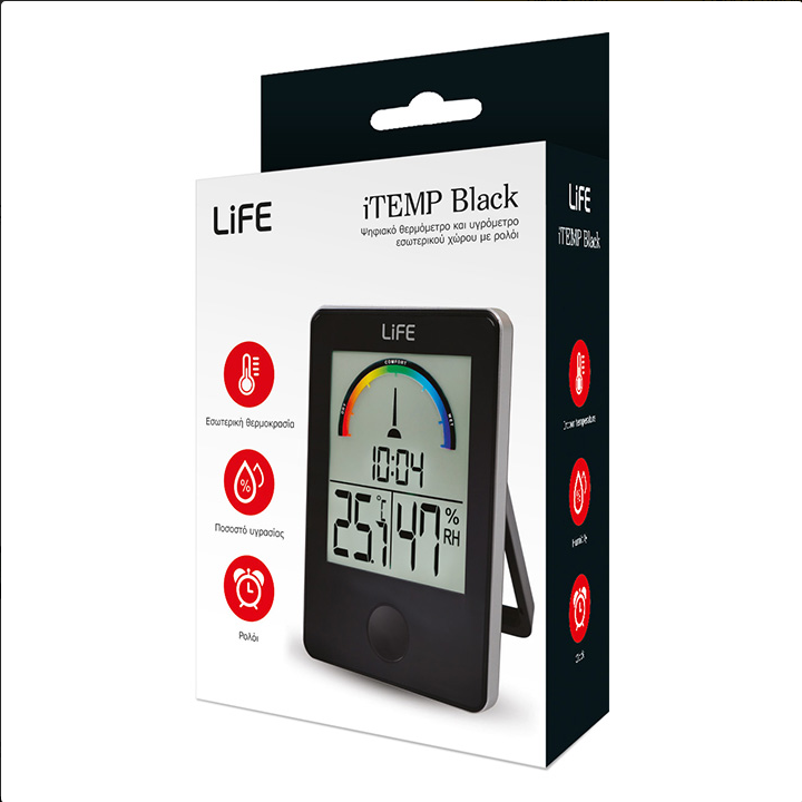 Ψηφιακό θερμόμετρο / υγρόμετρο εσωτερικού χώρου με ρολόι και έγχρωμη απεικόνιση επιπέδου υγρασίας, σε μαύρο χρώμα. LIFE iTemp...