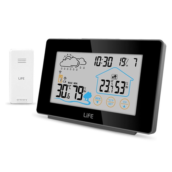 Μετεωρολογικός σταθμός με πλήκτρα αφής στην οθόνη και ασύρματο εξωτερικό αισθητήρα.