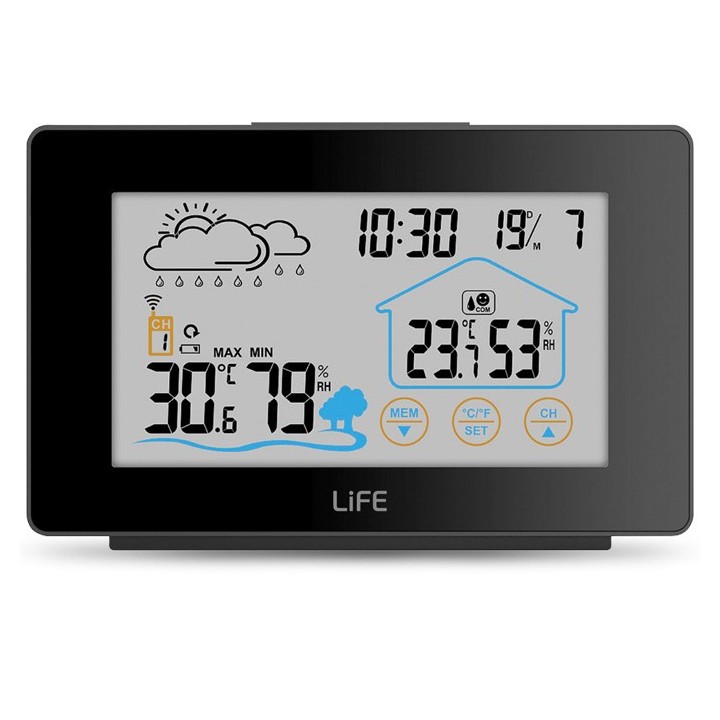 Μετεωρολογικός σταθμός με πλήκτρα αφής στην οθόνη και ασύρματο εξωτερικό αισθητήρα.