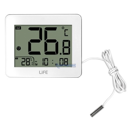 Ψηφιακό θερμόμετρο εσωτερικής και εξωτερικής θερμοκρασίας, με ενσύρματο εξωτερικό αισθητήρα και ρολόι, σε λευκό χρώμα. LIFE C...