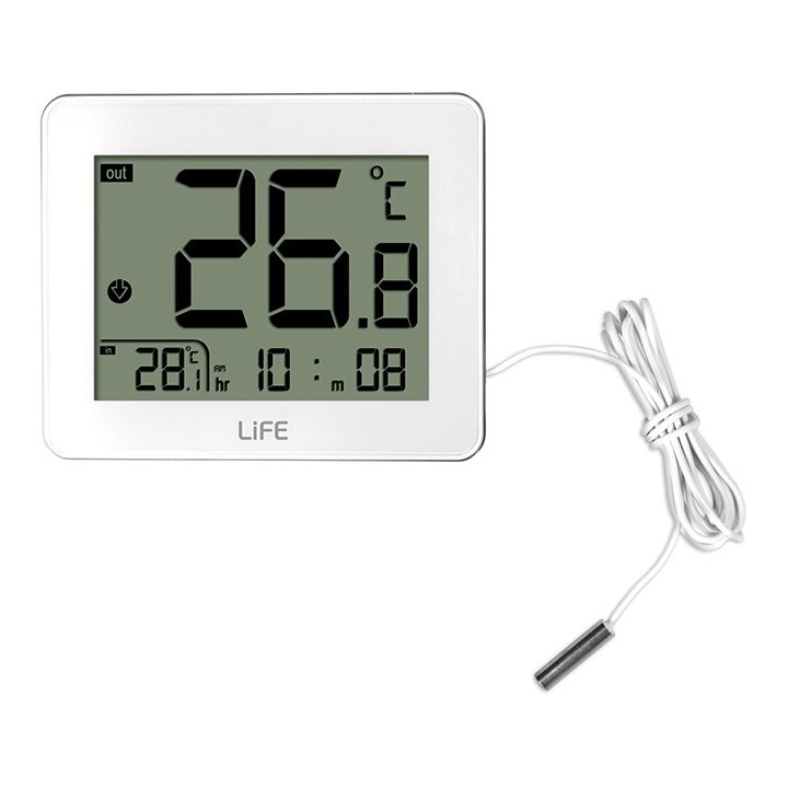 Ψηφιακό θερμόμετρο εσωτερικής και εξωτερικής θερμοκρασίας, με ενσύρματο εξωτερικό αισθητήρα και ρολόι, σε λευκό χρώμα. LIFE C...