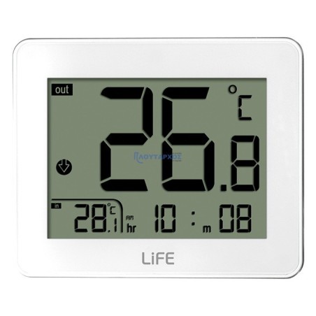 Ψηφιακό θερμόμετρο εσωτερικής και εξωτερικής θερμοκρασίας, με ενσύρματο εξωτερικό αισθητήρα και ρολόι, σε λευκό χρώμα. LIFE C...