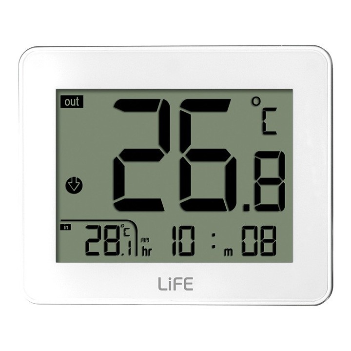 Ψηφιακό θερμόμετρο εσωτερικής και εξωτερικής θερμοκρασίας, με ενσύρματο εξωτερικό αισθητήρα και ρολόι, σε λευκό χρώμα. LIFE C...