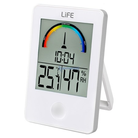 Ψηφιακό θερμόμετρο / υγρόμετρο εσωτερικού χώρου με ρολόι και έγχρωμη απεικόνιση επιπέδου υγρασίας, σε λευκό χρώμα. LIFE iTEMP...