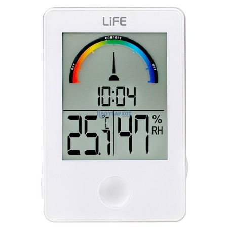 Ψηφιακό θερμόμετρο / υγρόμετρο εσωτερικού χώρου με ρολόι και έγχρωμη απεικόνιση επιπέδου υγρασίας, σε λευκό χρώμα. LIFE iTEMP...