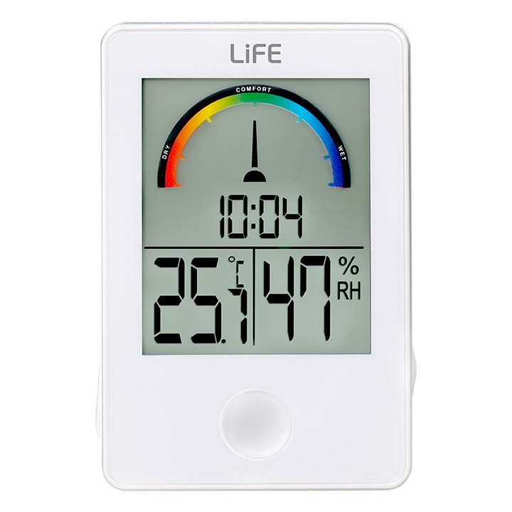 Ψηφιακό θερμόμετρο / υγρόμετρο εσωτερικού χώρου με ρολόι και έγχρωμη απεικόνιση επιπέδου υγρασίας, σε λευκό χρώμα. LIFE iTEMP...