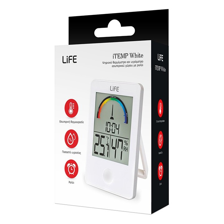 Ψηφιακό θερμόμετρο / υγρόμετρο εσωτερικού χώρου με ρολόι και έγχρωμη απεικόνιση επιπέδου υγρασίας, σε λευκό χρώμα. LIFE iTEMP...