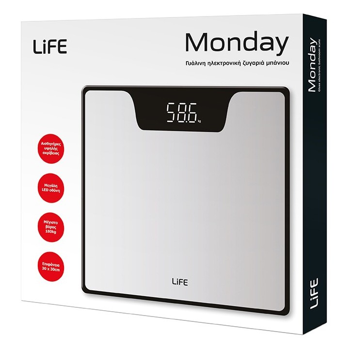 Γυάλινη ηλεκτρονική ζυγαριά μπάνιου, 30x30cm. LIFE MONDAY