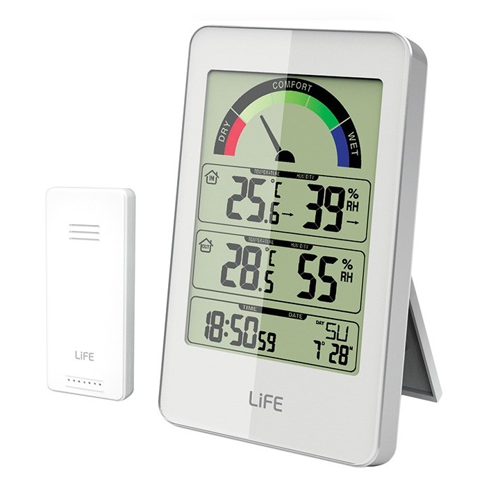Μετεωρολογικός σταθμός με ασύρματη εξωτερική μονάδα μέτρησης θερμοκρασίας-υγρασίας και ρολόι/ξυπνητήρι, σε λευκό χρώμα. LIFE ...