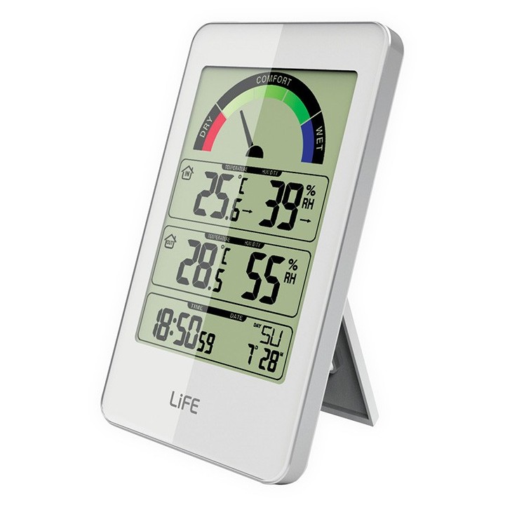 Μετεωρολογικός σταθμός με ασύρματη εξωτερική μονάδα μέτρησης θερμοκρασίας-υγρασίας και ρολόι/ξυπνητήρι, σε λευκό χρώμα. LIFE ...