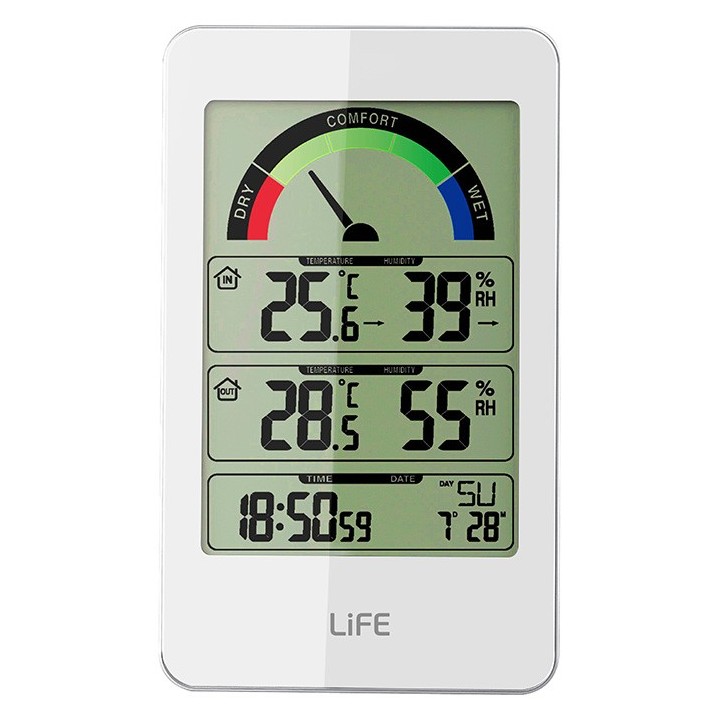 Μετεωρολογικός σταθμός με ασύρματη εξωτερική μονάδα μέτρησης θερμοκρασίας-υγρασίας και ρολόι/ξυπνητήρι, σε λευκό χρώμα. LIFE ...
