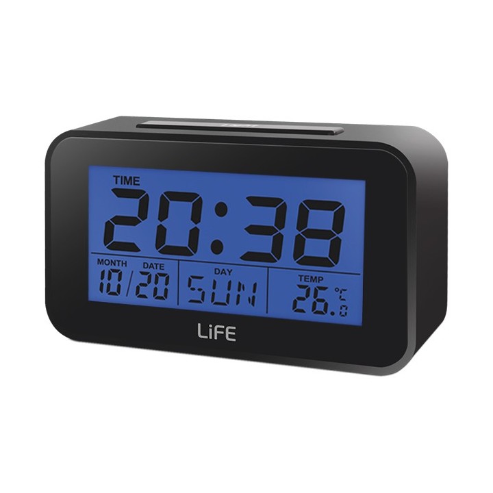 Ψηφιακό ρολόι / ξυπνητήρι με οθόνη LCD, θερμόμετρο εσωτερικού χώρου και ημερολόγιο.