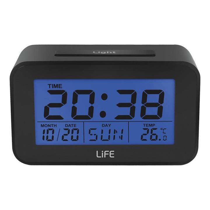 Ψηφιακό ρολόι / ξυπνητήρι με οθόνη LCD, θερμόμετρο εσωτερικού χώρου και ημερολόγιο.