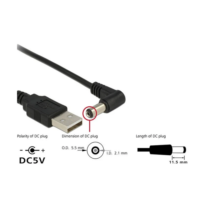 Καλώδιο USB σε DC 5.5x2.1mm 1.5 γωνιακό μαύρο