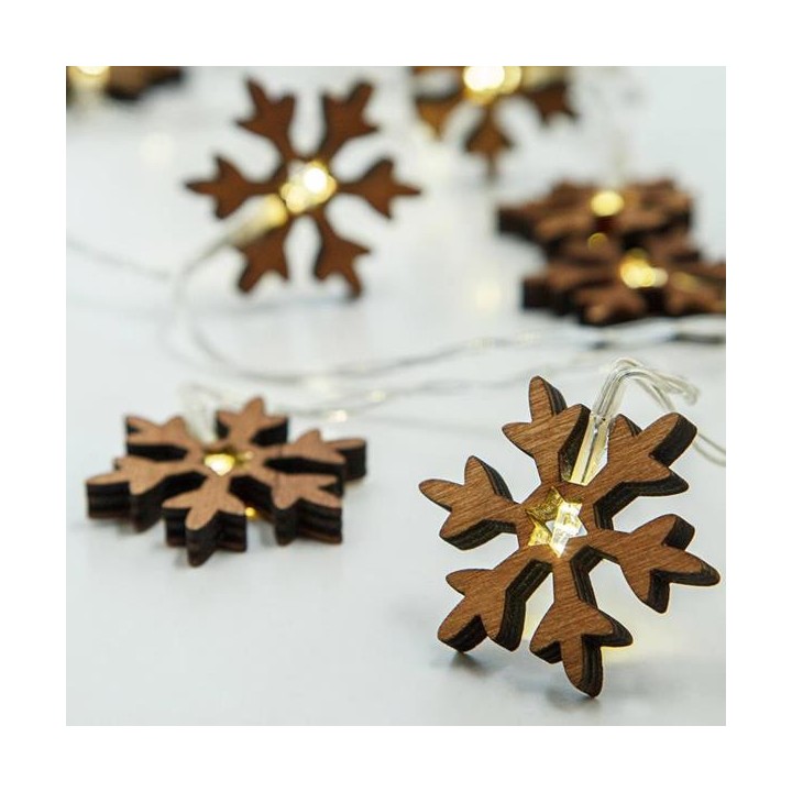 Λαμπάκια μπαταρίας led εσωτερικού χώρου με διακοσμητικούς ξύλινες χιονονιφάδες σειράς 10L με χάλκινο καλώδιο θερμό χρώμα EURO...