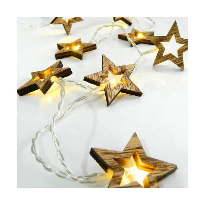 Λαμπάκια μπαταρίας led εσωτερικού χώρου με διακοσμητικά ξύλινα αστεράκια σειράς 10L με χάλκινο καλώδιο θερμό χρώμα EUROLAMP 6...