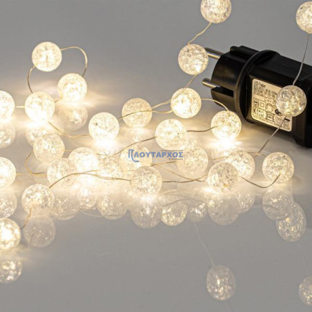 Λαμπάκια led θερμό λευκό με ακρυλικές μπάλες Φ2cm σε σειρά 80L, με ασημί σύρμα και θερμό λευκό χρώμα και προέκταση EUROLAMP 6...