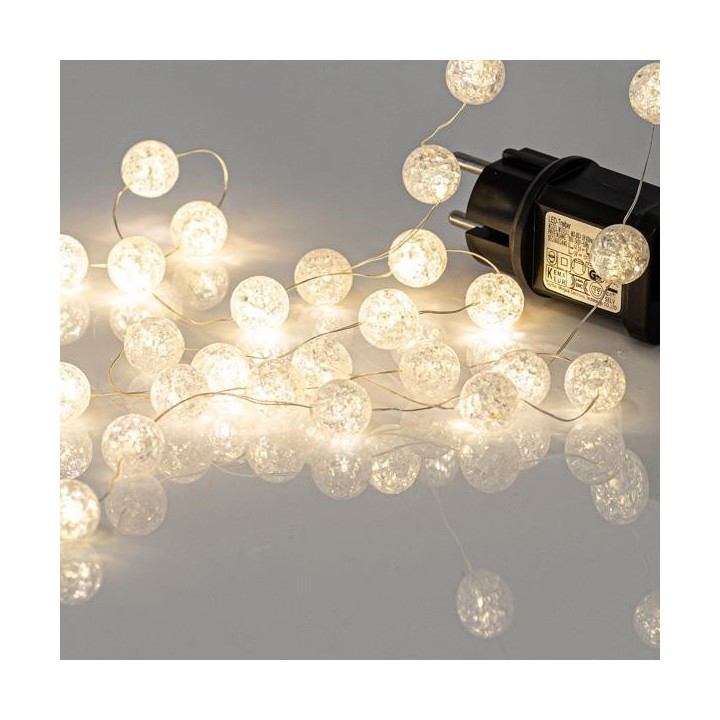 Λαμπάκια led θερμό λευκό με ακρυλικές μπάλες Φ2cm σε σειρά 80L, με ασημί σύρμα και θερμό λευκό χρώμα και προέκταση EUROLAMP 6...