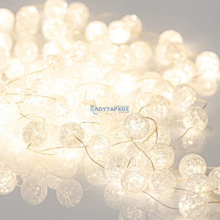 Λαμπάκια led θερμό λευκό με ακρυλικές μπάλες Φ2cm σε σειρά 80L, με ασημί σύρμα και θερμό λευκό χρώμα και προέκταση EUROLAMP 6...