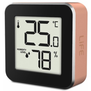 Weather station with touchscreen buttons and wireless outdoor sensor.
