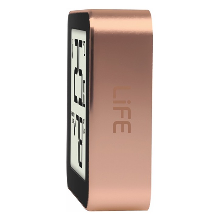 Weather station with touchscreen buttons and wireless outdoor sensor.