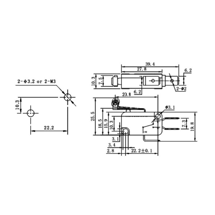 3-contact ON-OFF microswitch with NC-NO contacts and short blade with wheel for GENERAL PURPOSE devices